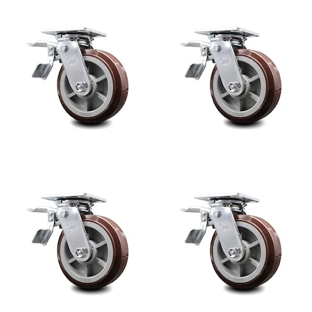 Service Caster 6 Inch Polyurethane Caster Set with Roller Bearings and Total Lock Brakes SCC SCC-TTL30S620-PPUR-4